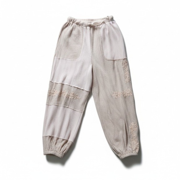 POL Womens Boho Patchwork Embroidered Waffle Knit Jogger Pants Beige Small FKP91 - Picture 2 of 6
